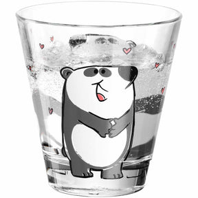 Trinkglas BAMBINI mit Panda-Motiv, teilweise mit Wasser gefüllt