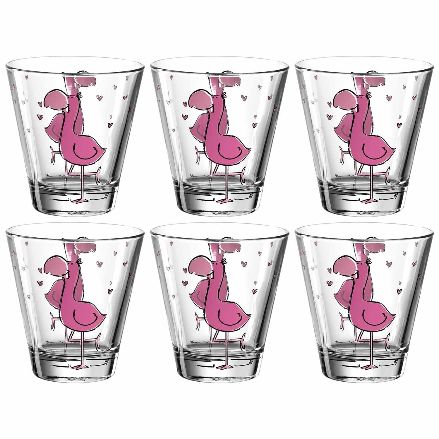 Sechs Trinkgläser BAMBINI mit rosa Flamingo-Motiv und Herzen