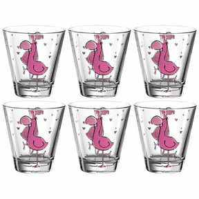 Sechs Trinkgläser BAMBINI mit rosa Flamingo-Motiv und Herzen