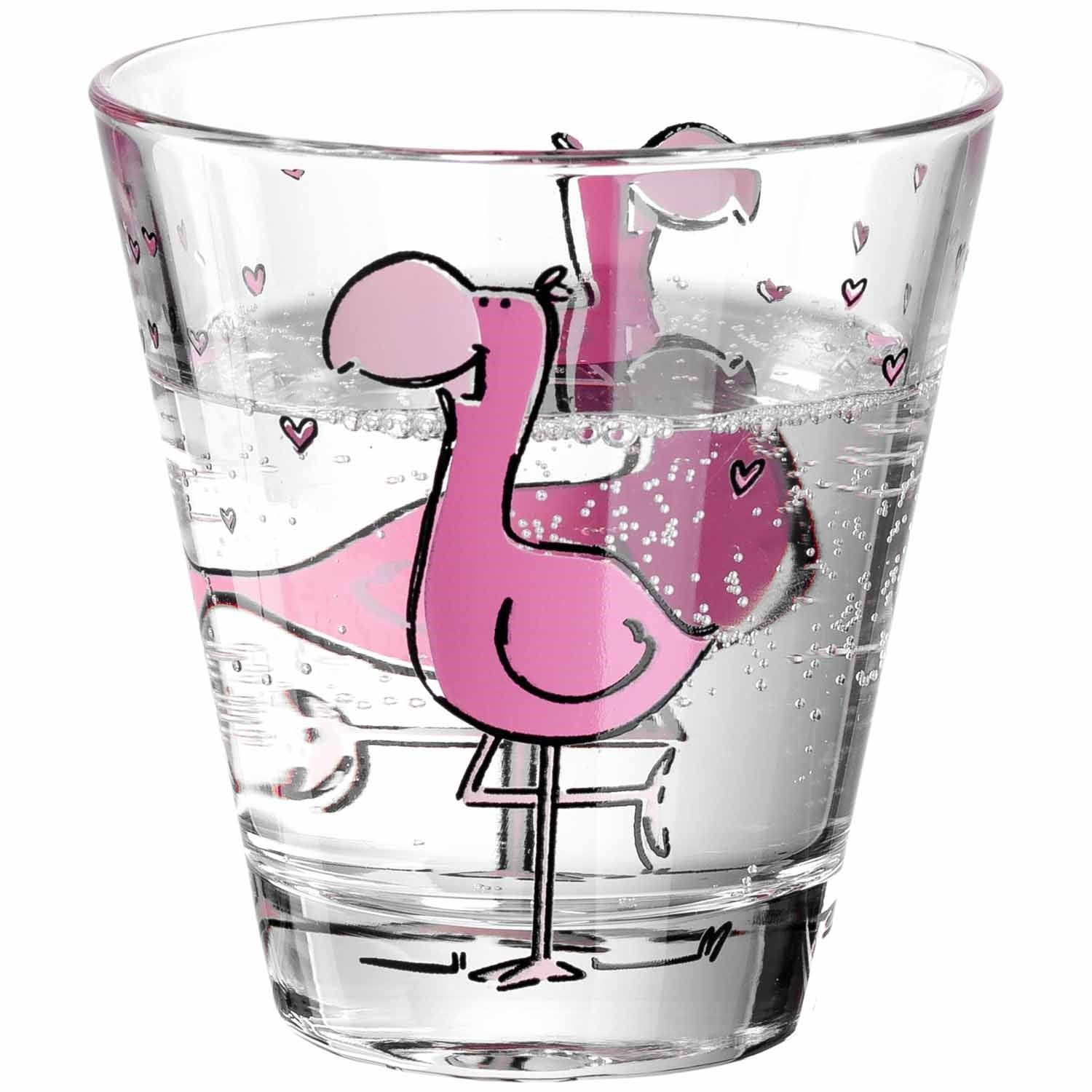 Trinkglas BAMBINI mit rosa Flamingo-Motiv und Herzen, teilweise mit Wasser gefüllt