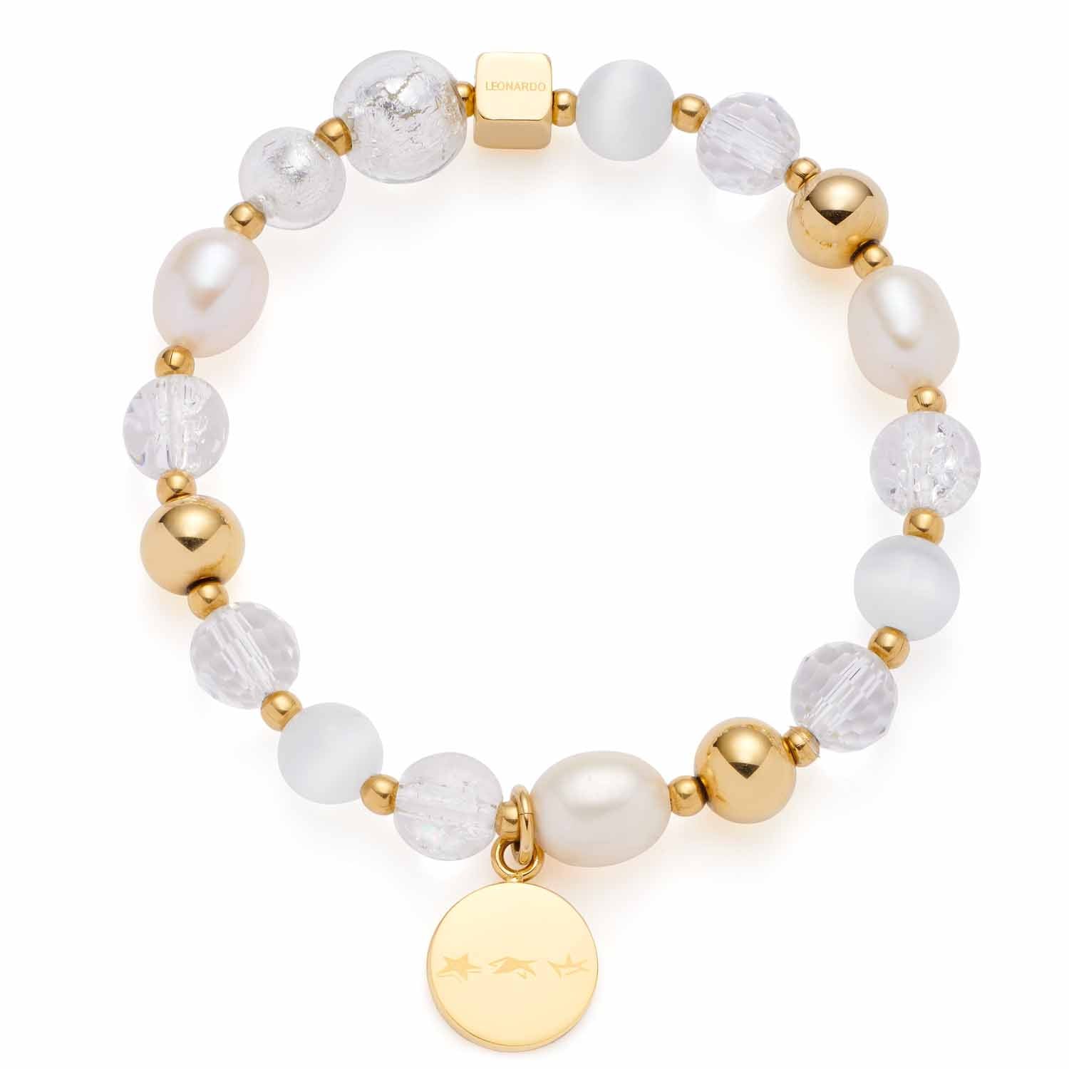 Armband HOPE gold mit weißen Perlen, Kristallperlen und goldfarbenen Metallperlen, goldener Anhänger