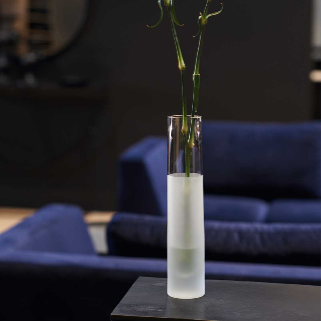 Solifleurvase NOVARA satiniert mit Gräsern in modernem Wohnzimmer