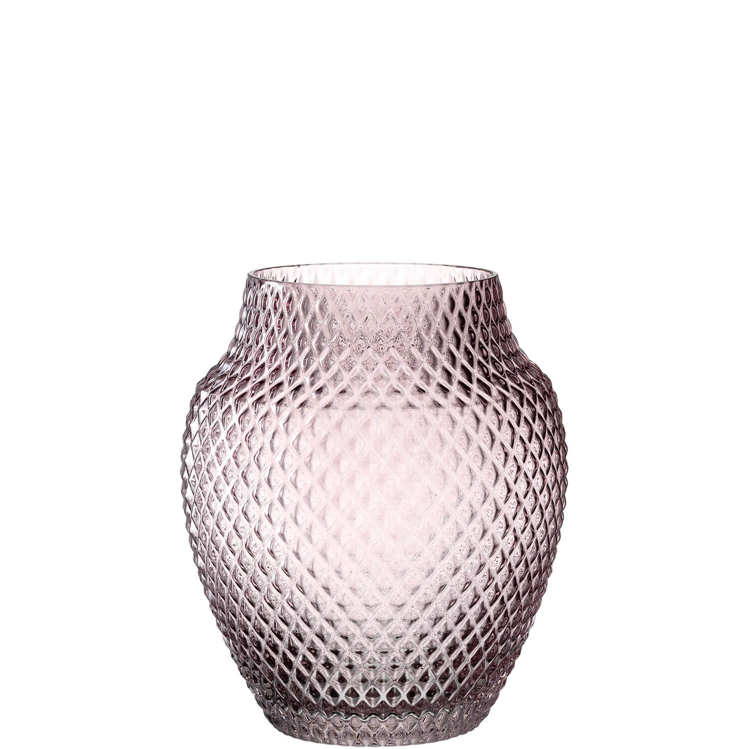 Vase POESIA 23 cm viola aus Glas mit Rautenmuster auf weißem Hintergrund