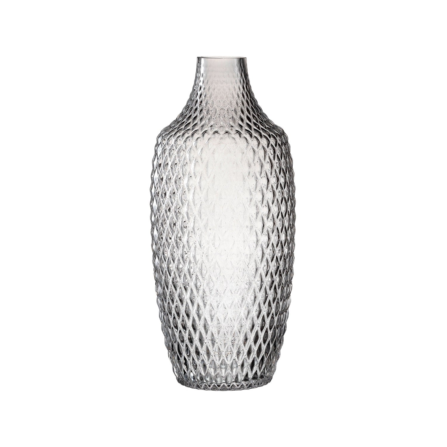 Vase POESIA 30 cm grau aus Glas mit strukturierter Oberflaeche vor weißem Hintergrund