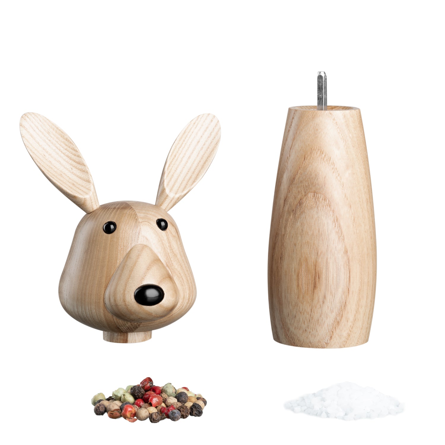 Gewürzmühle Holz CUCINA braun Hase mit Mahlwerk, Vorder- und Seitenansicht, Gewürzbeispiele