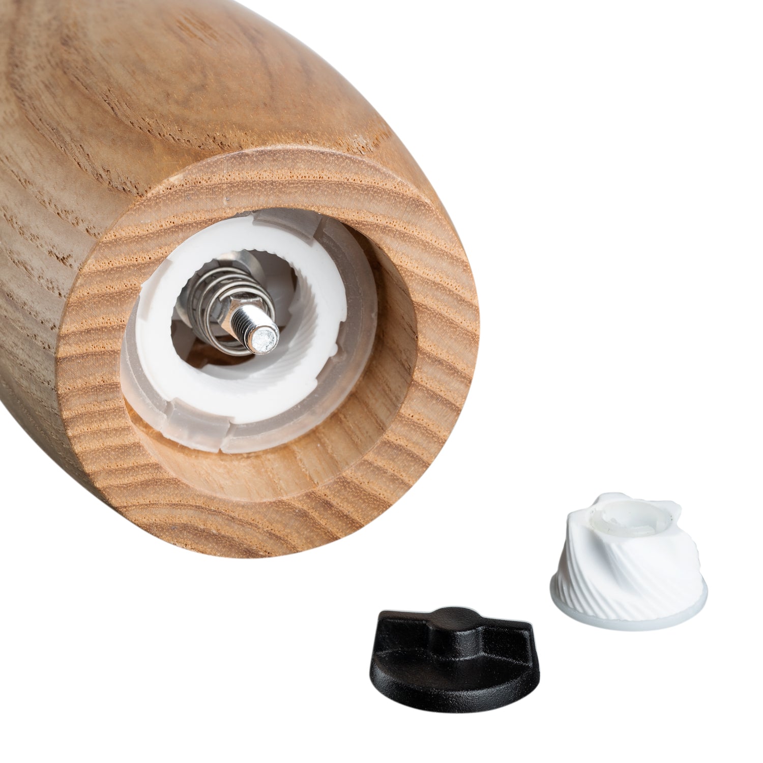 Gewürzmühle Holz CUCINA mit zerlegten Komponenten, Mahlwerk und Verschlusskappe