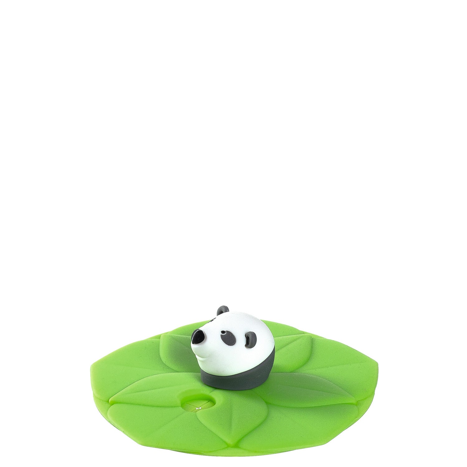 Grüner Silikondeckel BAMBINI mit Panda-Gesicht auf grünem Blatt