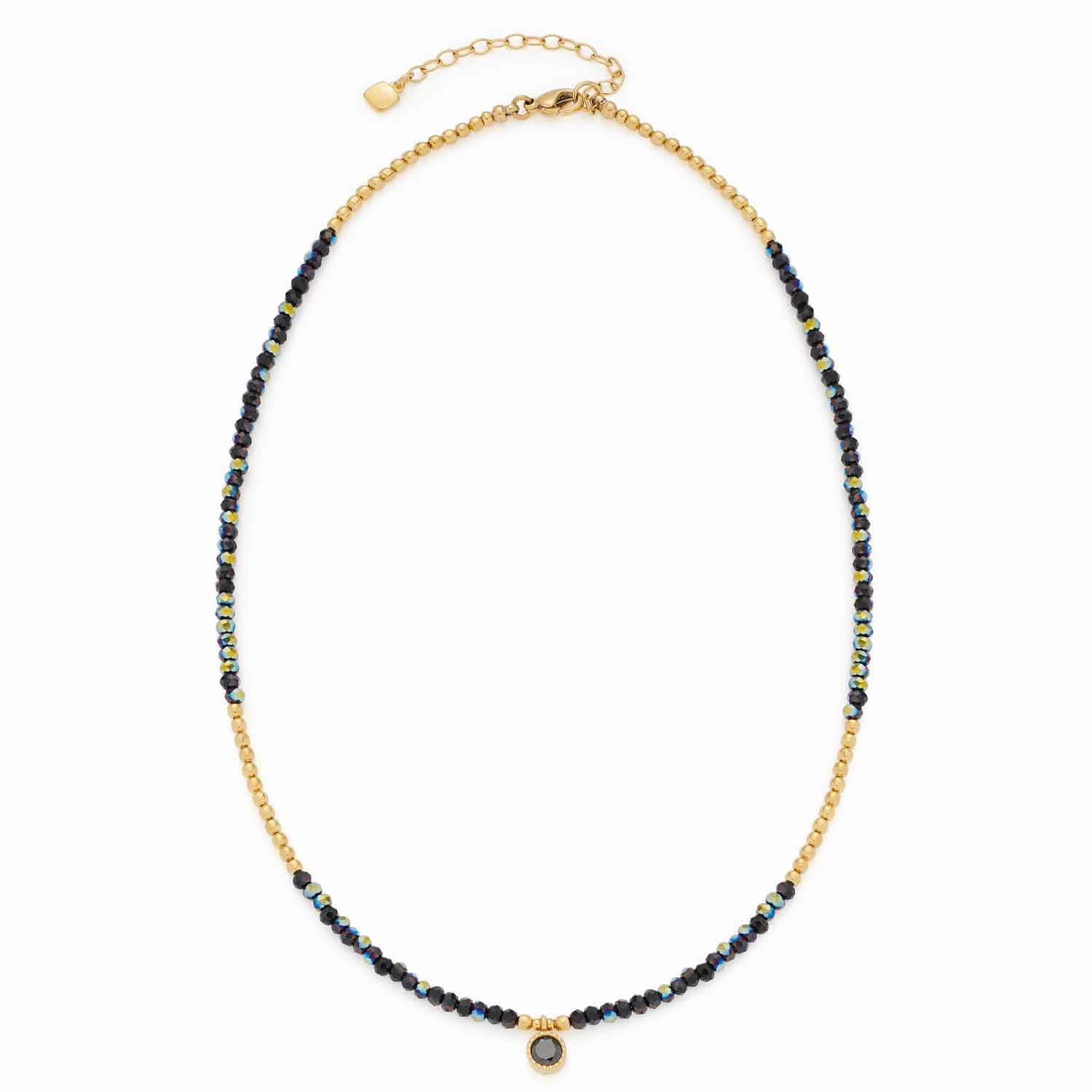 Halskette LOLA mit schwarzen und grünen Perlen, goldener Kette und rundem Anhänger