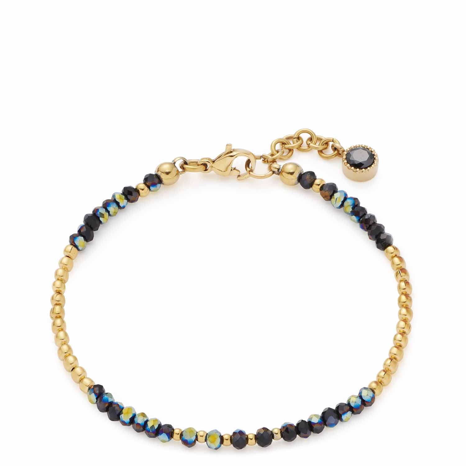 Armband LOLA CIAO mit schwarzen und goldfarbenen Glasperlen auf weißem Hintergrund