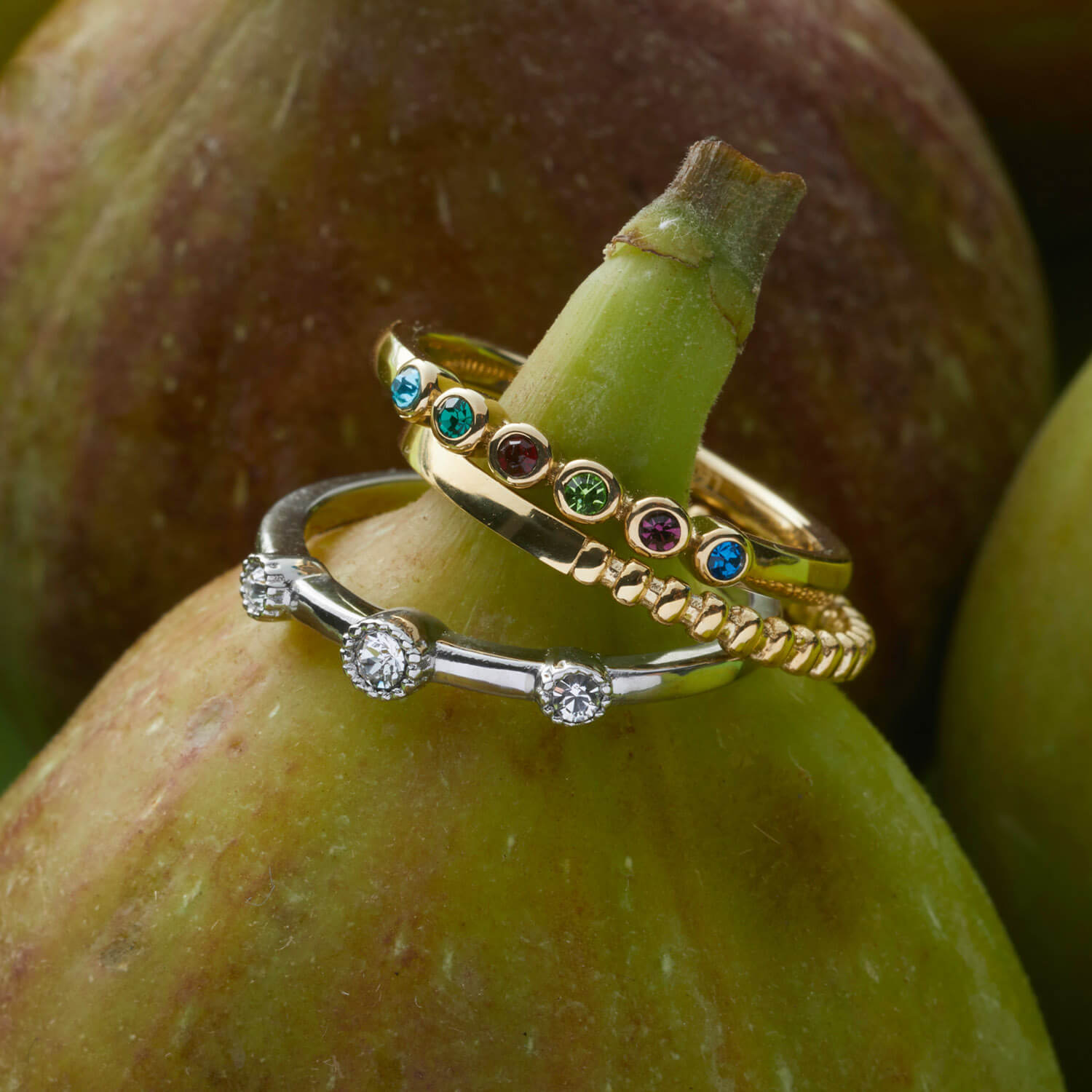 Ring MARIDA 16 CIAO auf grünen Früchten, silbern mit bunten Steinen