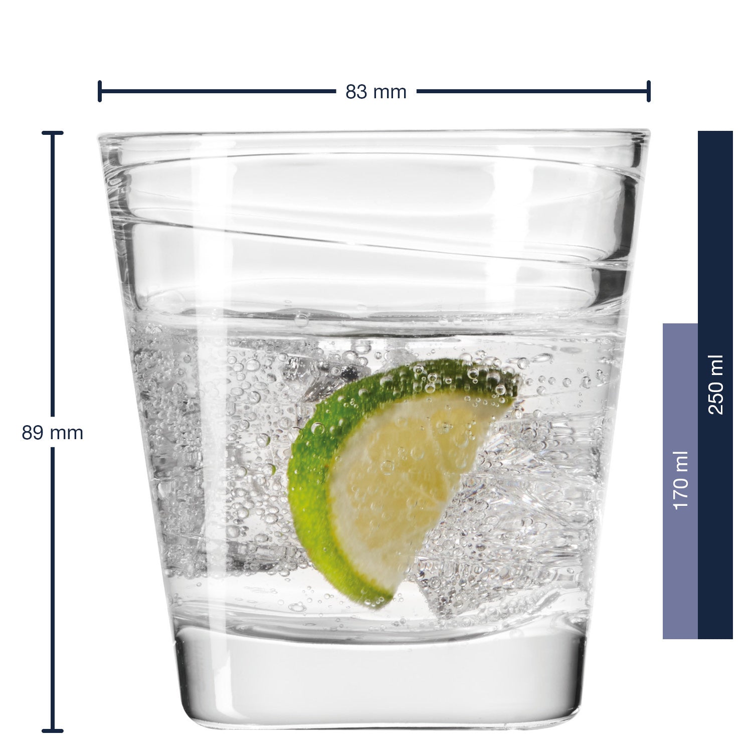 Trinkglas VARIO 250 ml mit Wasserfüllung und Limettenscheibe, Massangaben