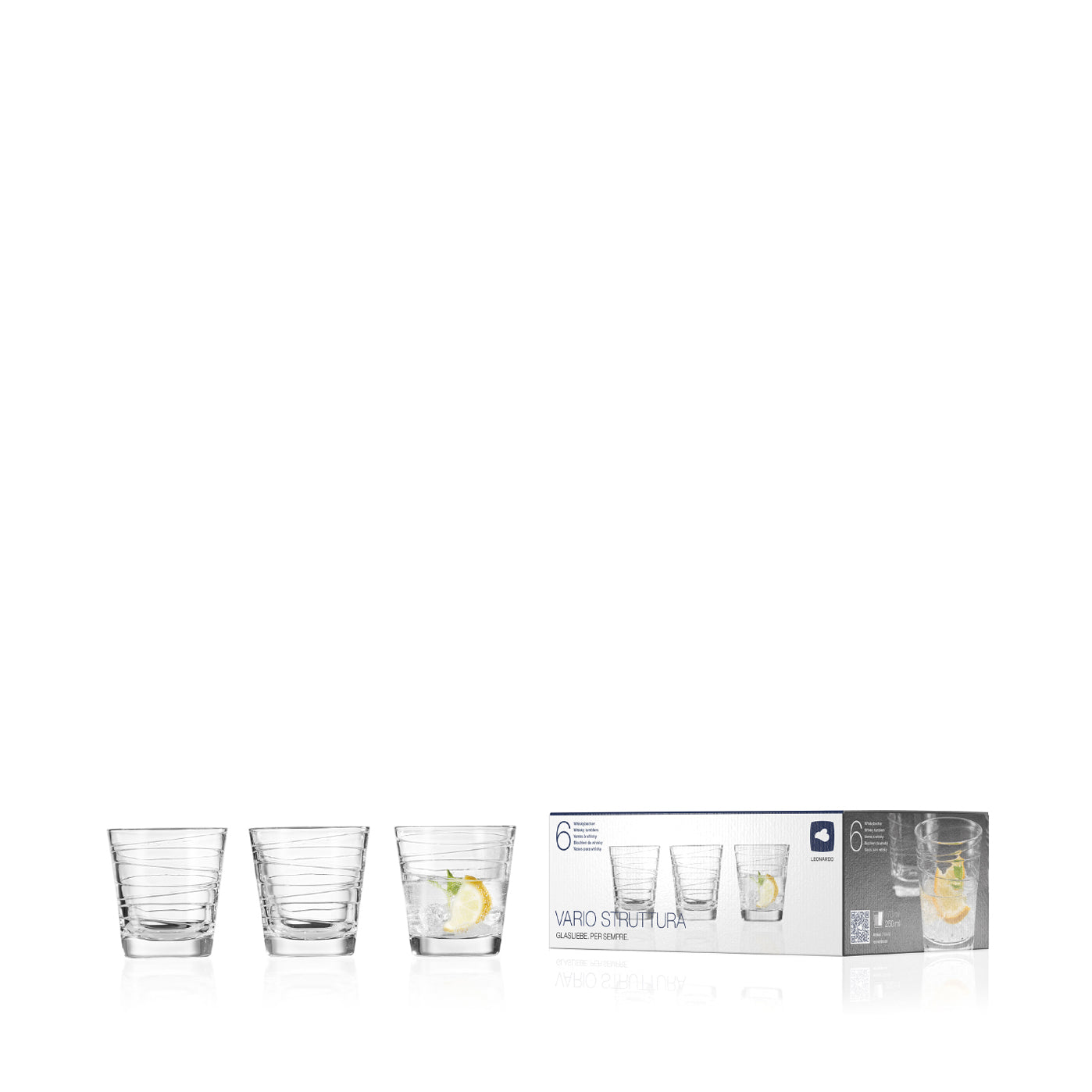 Trinkglas VARIO 250 ml 6er-Set mit Verpackung und Gläsern mit Getränk