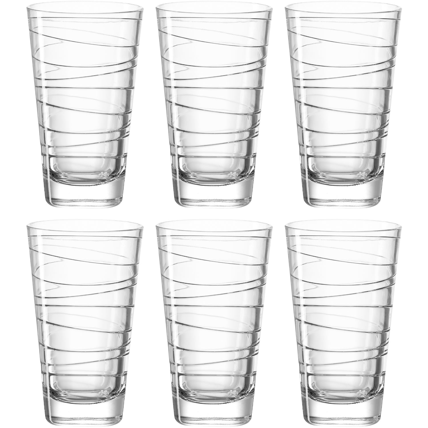 Sechs klare Trinkgläser VARIO 280 ml mit Strukturmuster, angeordnet in zwei Reihen