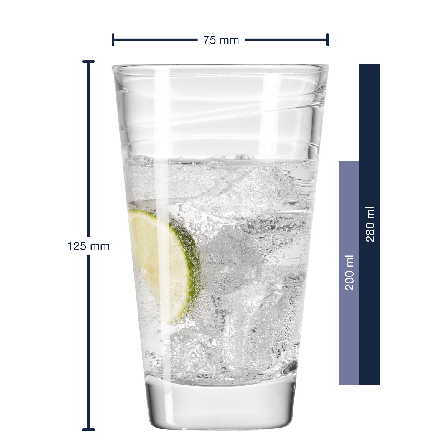 Massangaben zu Trinkglas VARIO 280 ml mit Zitronenscheibe und Mineralwasser