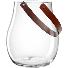 Windlicht GIARDINO mit braunem Lederhenkel, klares Glas