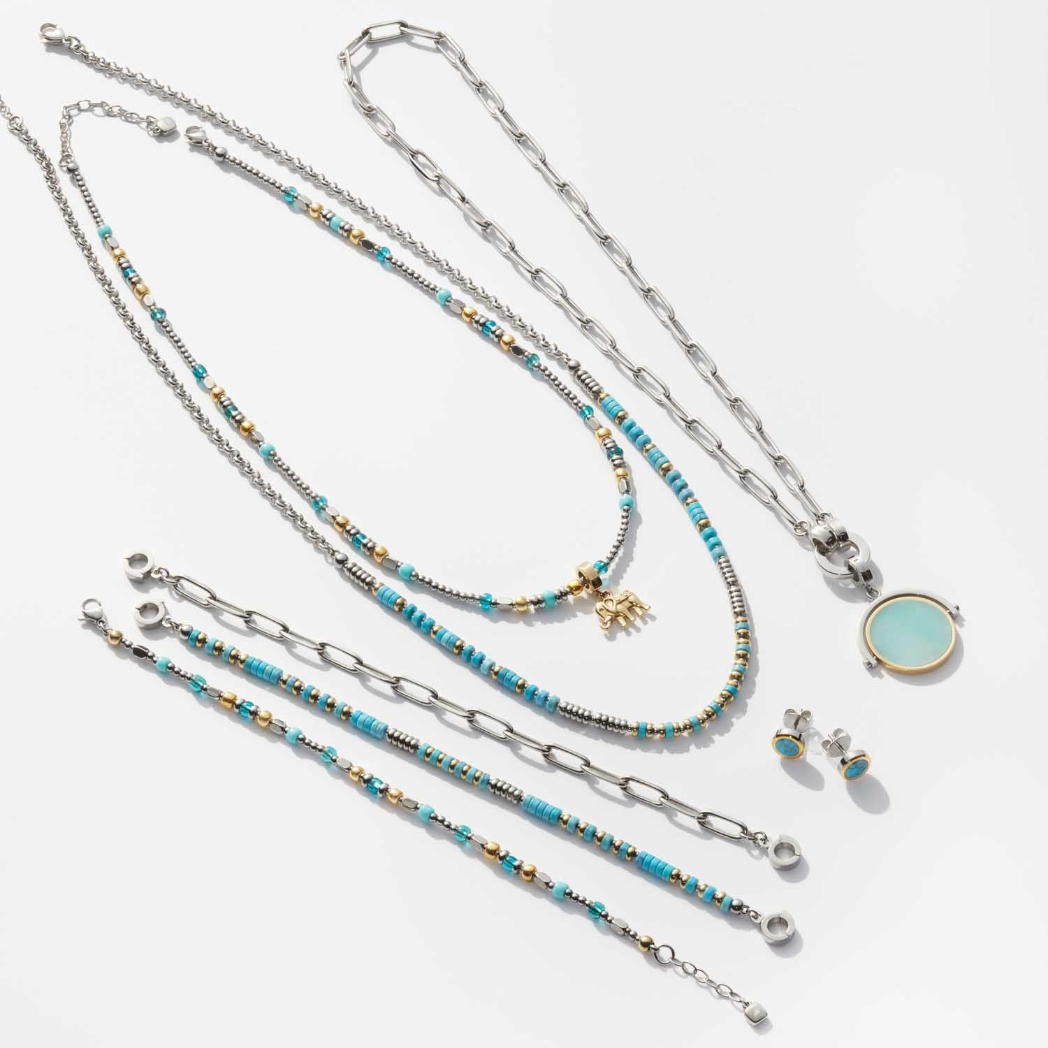 Halskette ESTRELLA Clip & Mix mit türkisen Perlen und Kettenanhängern, Ohrringe und Armbänder in Silber