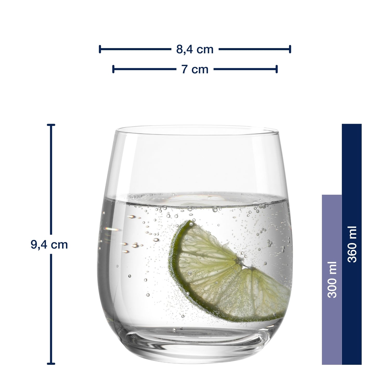 Trinkglas TIVOLI mit Limettenscheibe und Massangaben