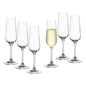 Sektglas TIVOLI 210 ml 6er-Set, eines gefüllt mit Sekt, fünf leer