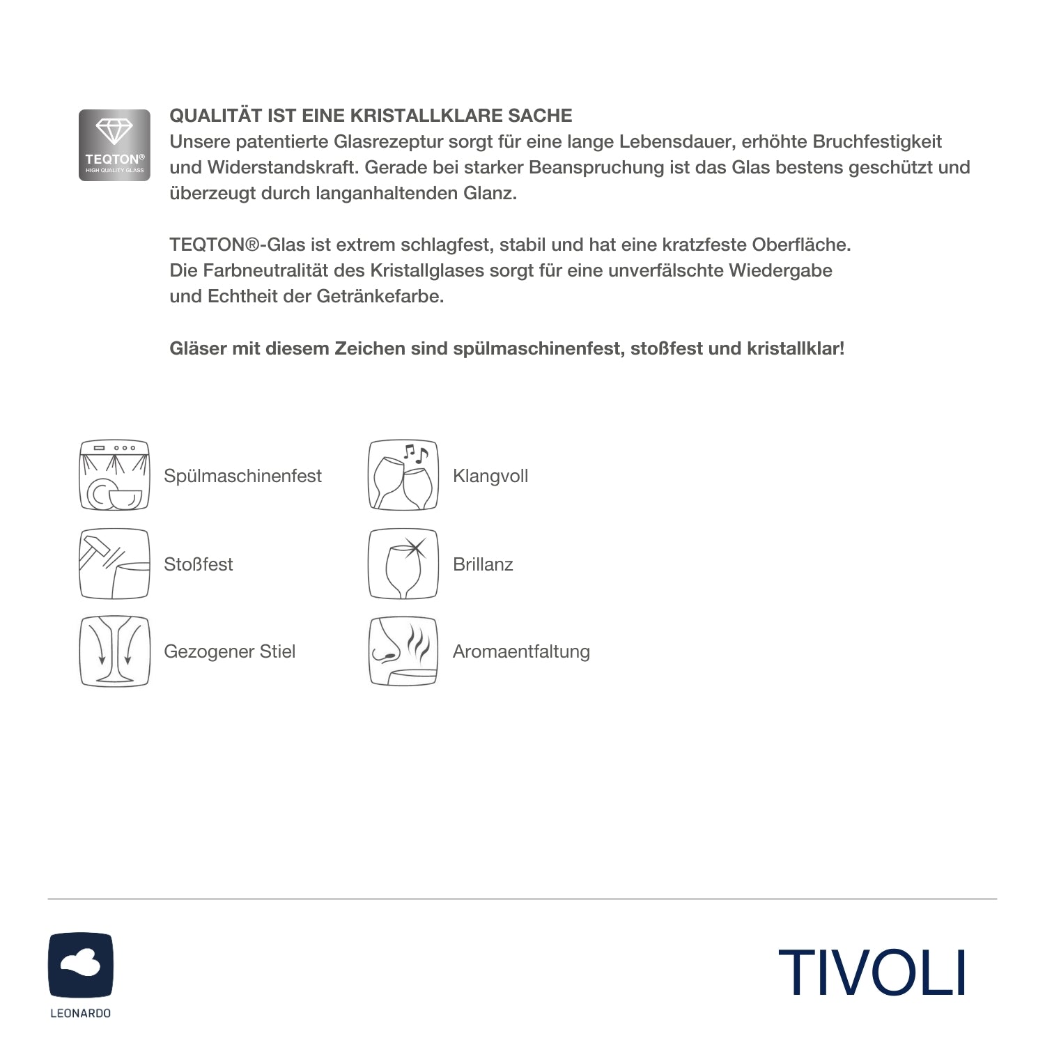Produktinformationen und Qualitätsmerkmale Weißweinglas TIVOLI mit Piktogrammen