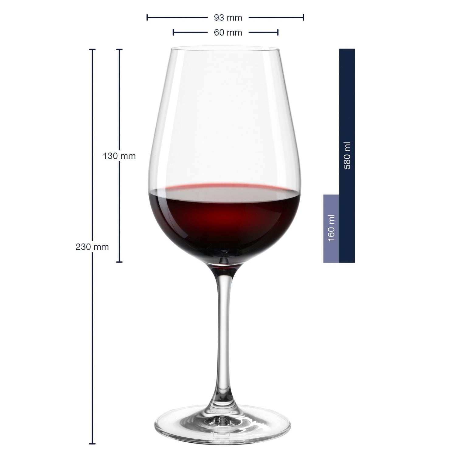 Rotweinglas TIVOLI mit Rotwein gefüllt, Massangaben und Füllmengen-Vergleich