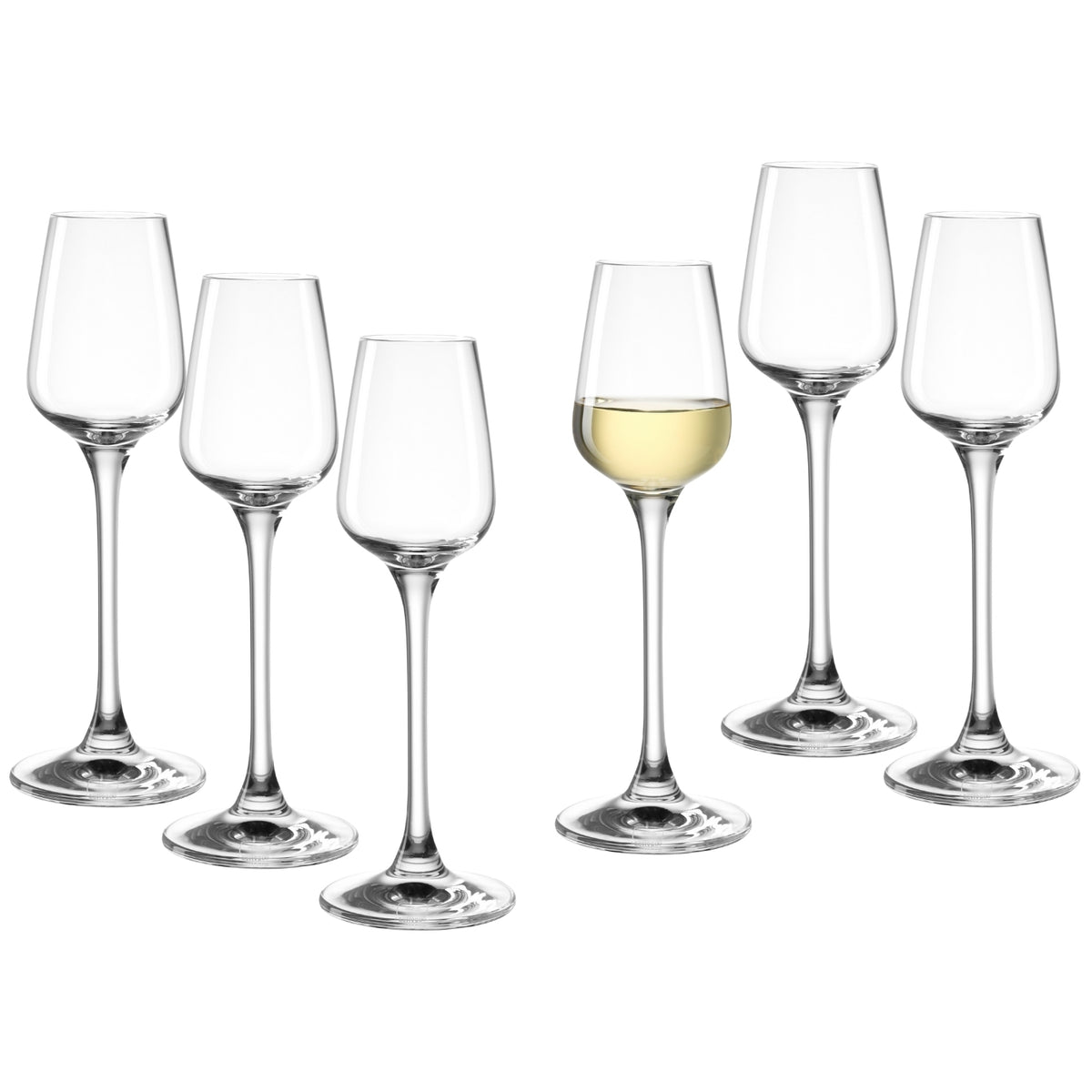 Digestifglas TIVOLI 6er-Set, fünf leere und ein mit Weißwein gefülltes Glas