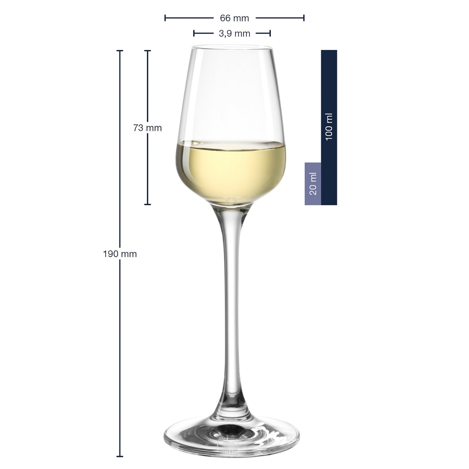 Digestifglas TIVOLI mit Massangaben und Füllung mit Weisswein