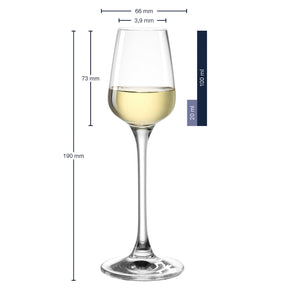 Digestifglas TIVOLI mit Massangaben und Füllung mit Weisswein