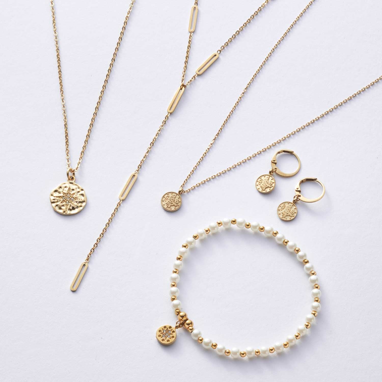 Armband PELENA gold CIAO mit Perlmutt und goldenen Perlen, dazu passende Ketten und Ohrringe