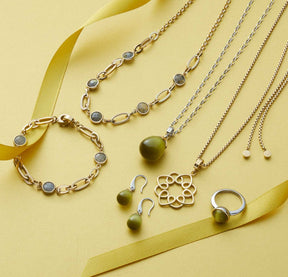 Halskette LIV 90 cm gold Clip & Mix mit austauschbaren Elementen auf gelbem Hintergrund
