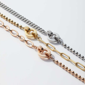 Vier Armbänder ESTRELLA Clip & Mix in Silber, Roségold und Gold nebeneinander