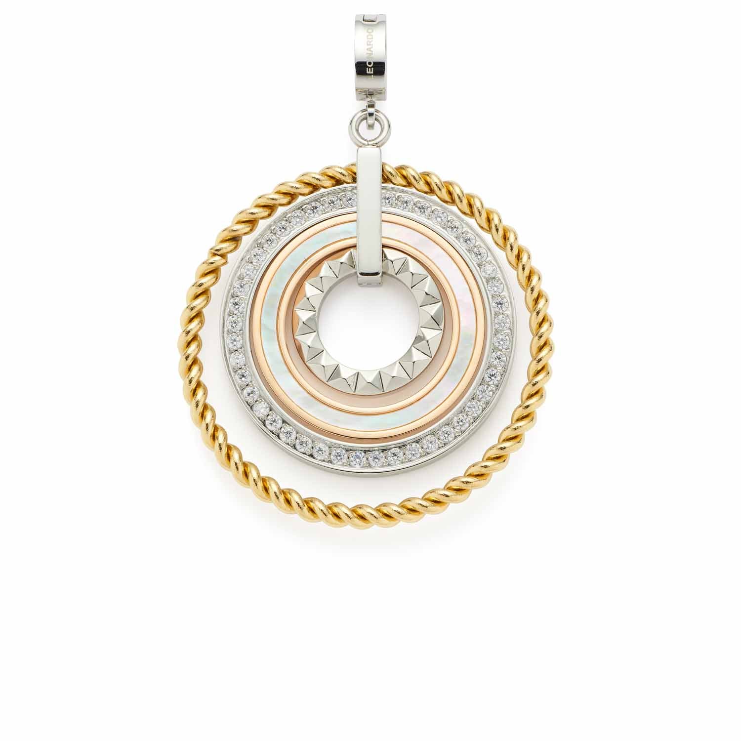 Anhänger GEOMETRIA Clip & Mix in tricolor mit runden verschachtelten Ringen und Zirkoniasteinen