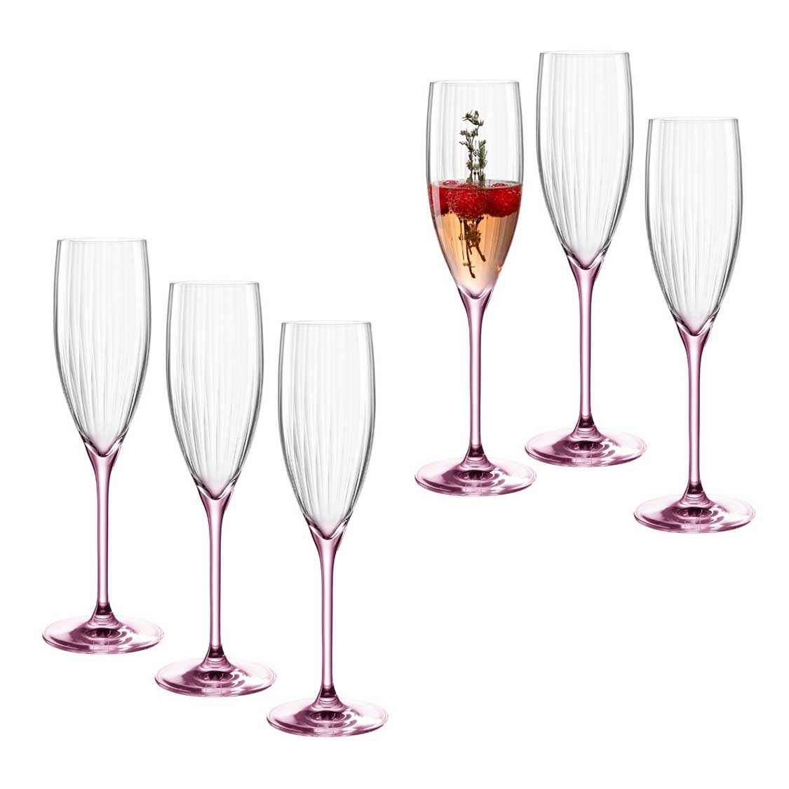 Sektglas POESIA 250ml rosé 6er-Set, eines gefüllt mit Getränk und Kräuter