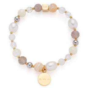 Armband HOPE bicolor mit Glasperlen in Creme-, Grau- und Brauntönen, goldene Zwischenperlen und rundem goldenem Anhänger