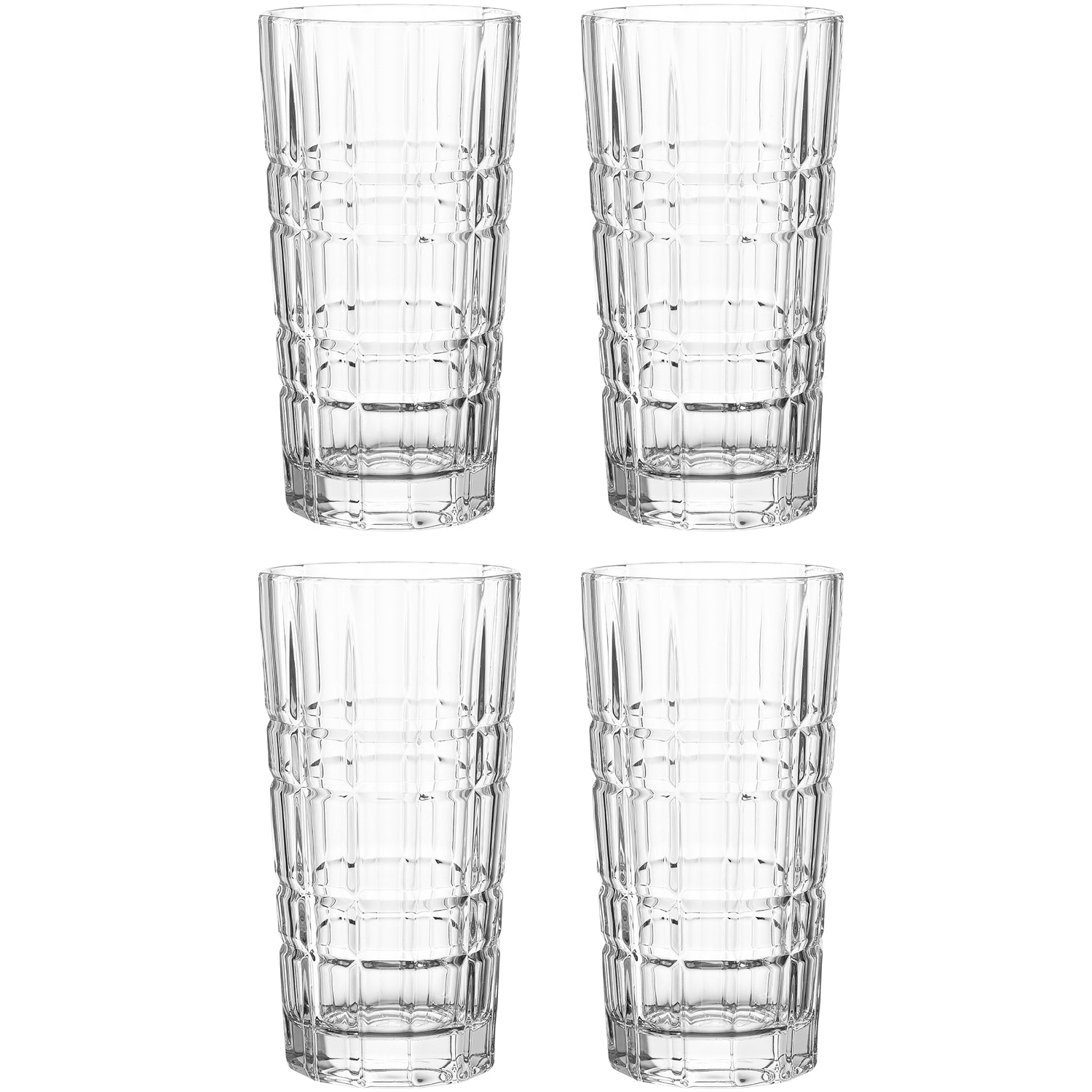 Vier klare Longdrinkgläser SPIRITII mit geometrischem Rillenmuster, von oben arrangiert