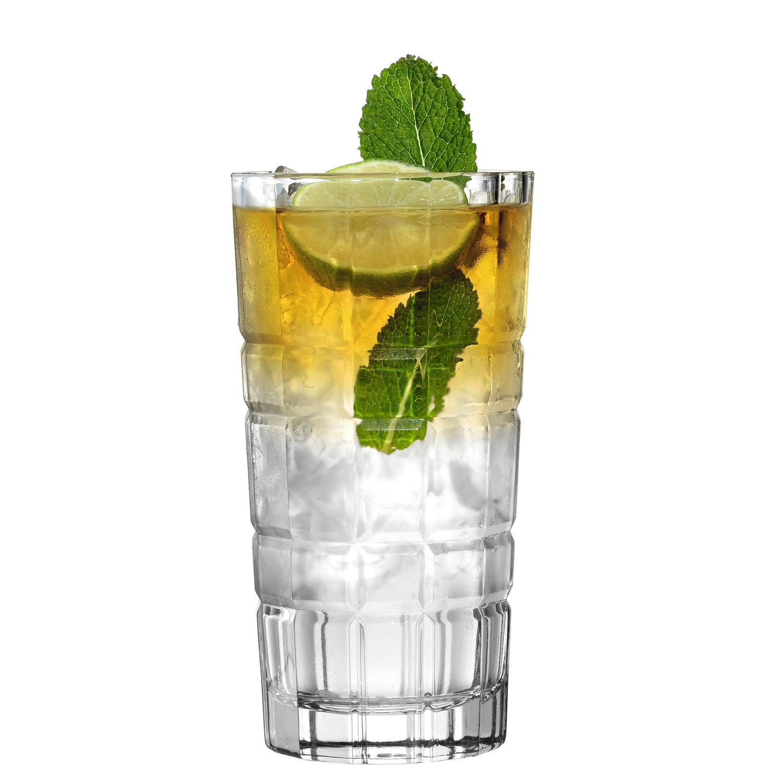 Longdrinkglas SPIRITII mit Eiswürfeln, Zitronenscheibe und Minzblatt gefüllt