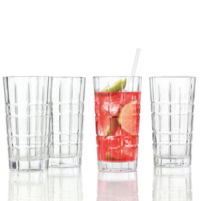 Longdrinkglas SPIRITII 400 ml, drei Gläser, eines gefüllt mit rotem Getränk und Eiswürfeln, Strohhalm und Limettenscheibe