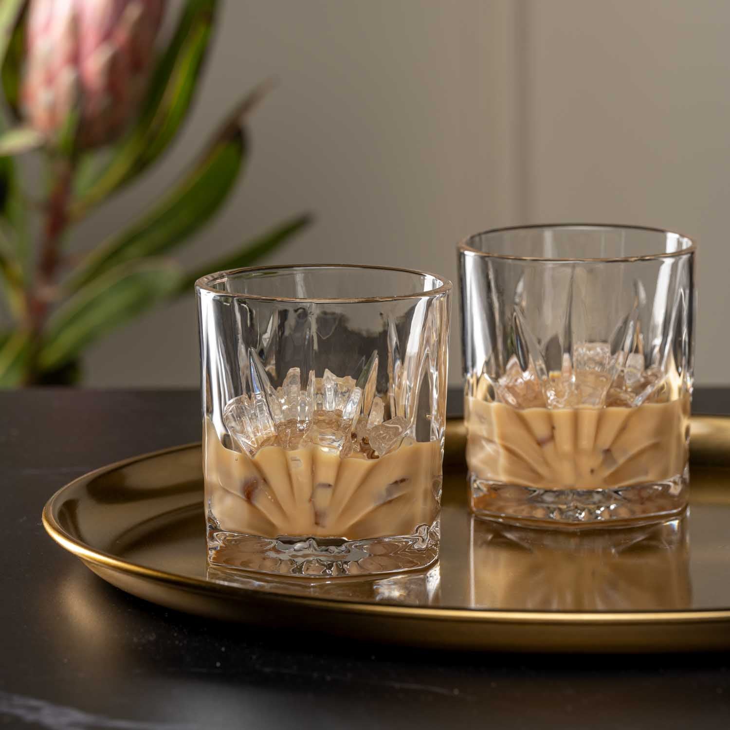 Zwei Trinkgläser CAPRI auf goldenem Tablett, Wohnzimmer-Stillleben mit Pflanze
