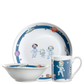 Kindergeschirr BAMBINI AVVENTURA 3-teilig mit Astronauten und Weltall-Motiven, bestehend aus Teller, Schale und Tasse