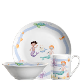 Kindergeschirr BAMBINI AVVENTURA 3-teilig mit Meerestieren und Meerjungfrauen-Motiven, bestehend aus Teller, Schale und Tasse