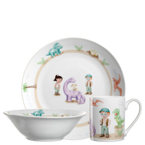 Kindergeschirr BAMBINI AVVENTURA 3-teilig Dino, bestehend aus Teller, Schale und Tasse mit Dinosaurier- und Abenteurermotiven
