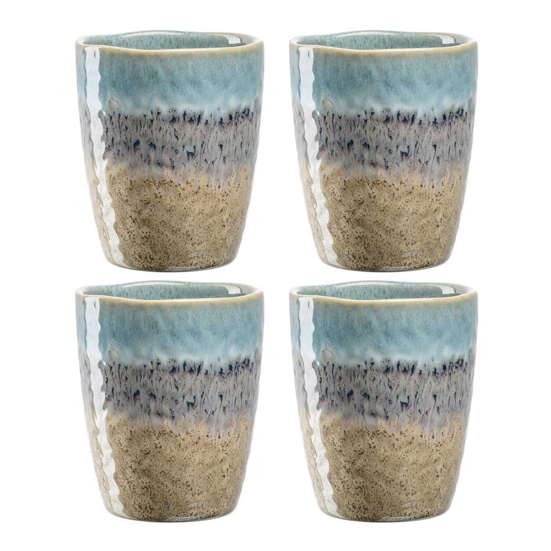 Vier Keramikbecher MATERA im 2x2-Arrangement, blau-grauer Farbverlauf mit beigem Boden