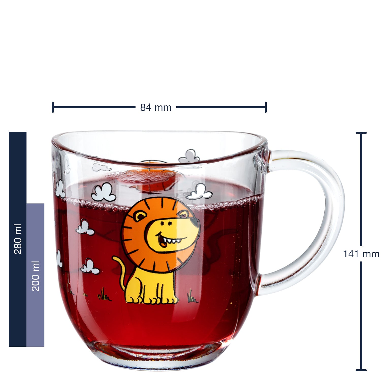 Massangaben zu Tasse BAMBINI 280 ml Löwe mit Rotweinfüllung