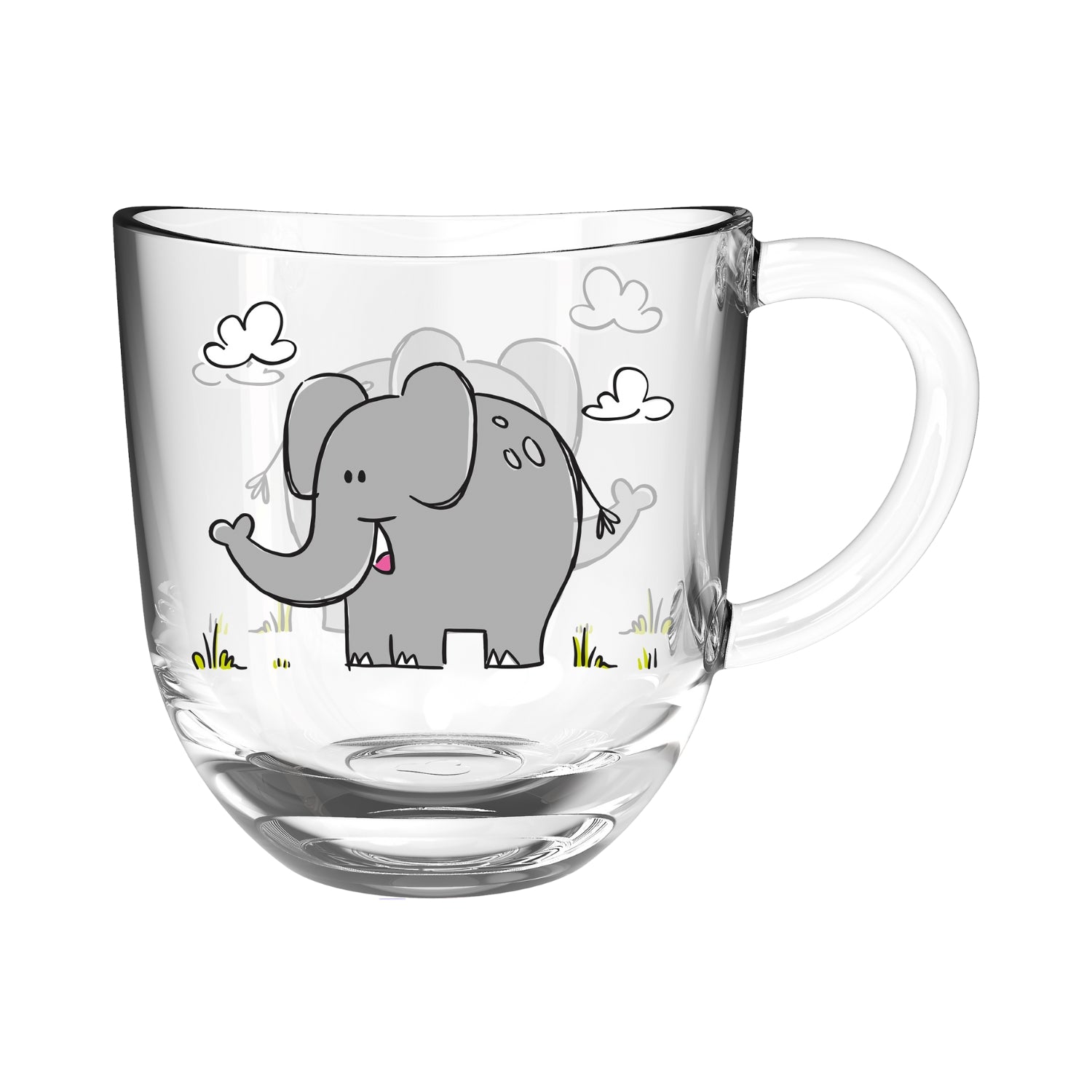 Glastasse BAMBINI mit Elefant-Motiv, Wolken und Gras, grau und farbig bedruckt