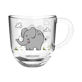 Glastasse BAMBINI mit Elefant-Motiv, Wolken und Gras, grau und farbig bedruckt
