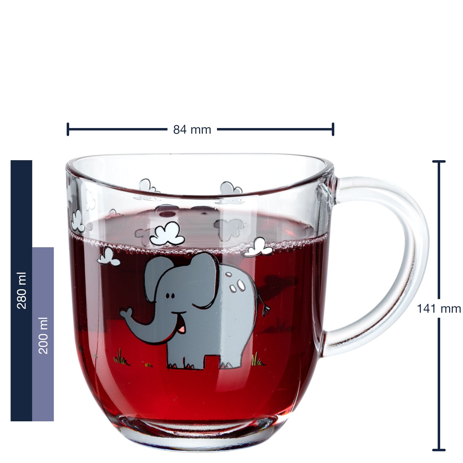 Massangaben zu Tasse BAMBINI 280 ml Elefant mit Elefantenmotiv gefüllt mit roter Flüssigkeit