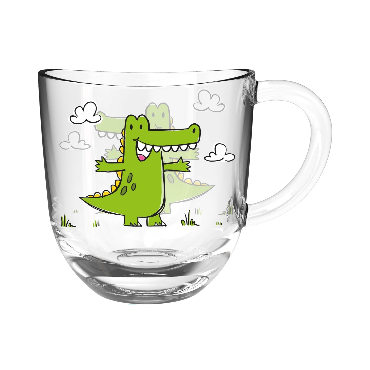 Glastasse BAMBINI mit grünem Krokodil-Motiv, Wolken und Gras