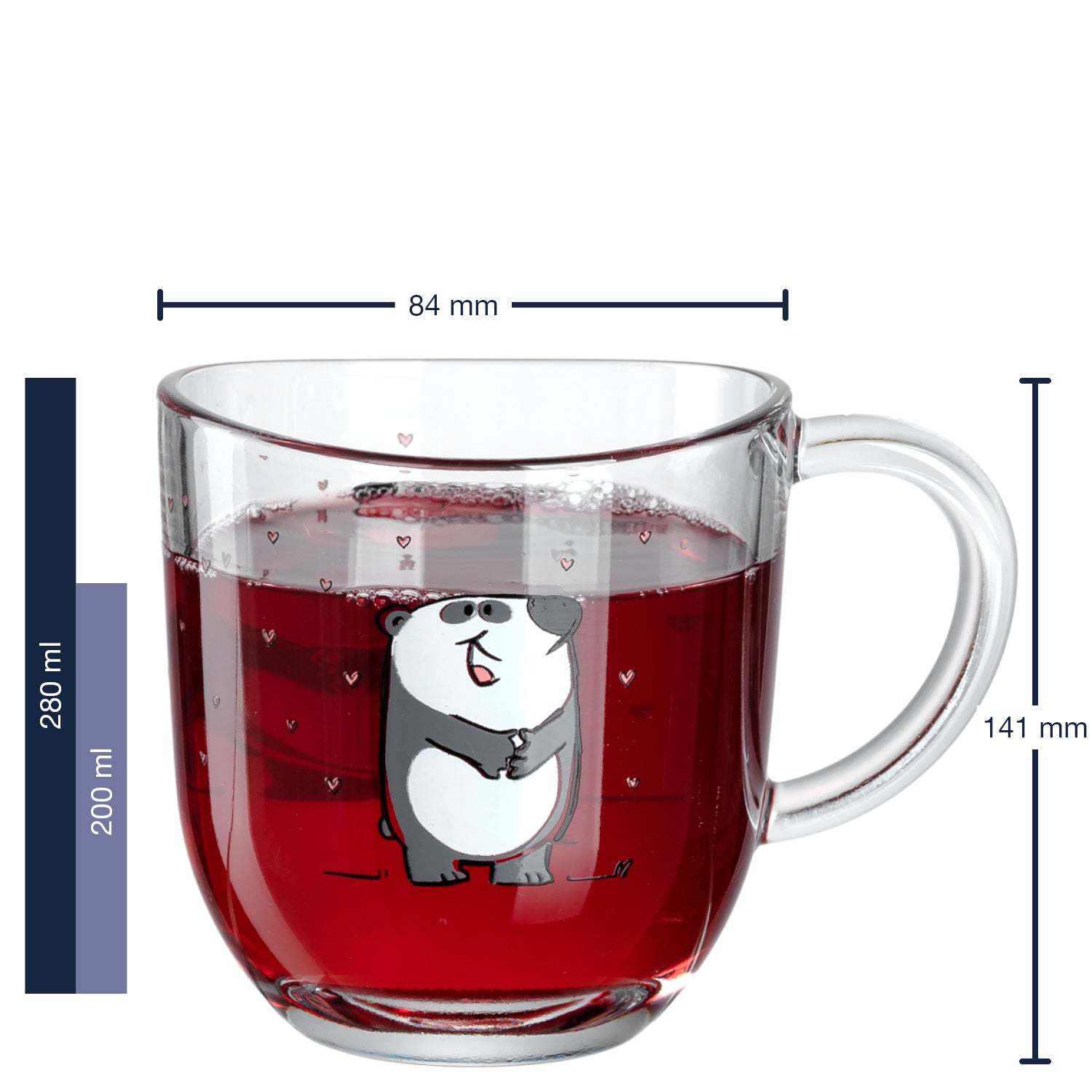 Massangaben zu Tasse BAMBINI 280 ml Panda mit Panda-Motiv und rotem Inhalt