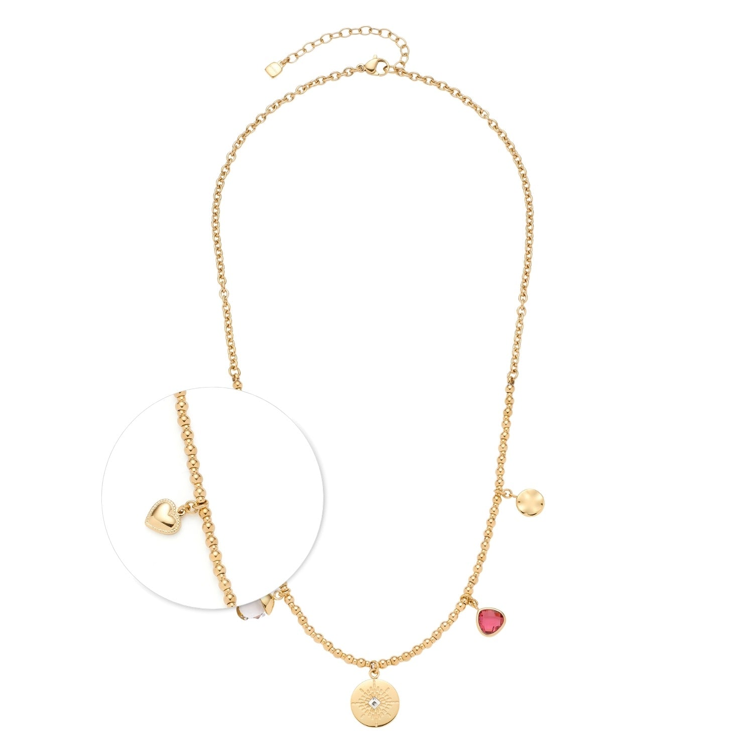 Halskette GISELLE mit goldenen Kettengliedern und farbigen Anhängern, Detailansicht der Charms