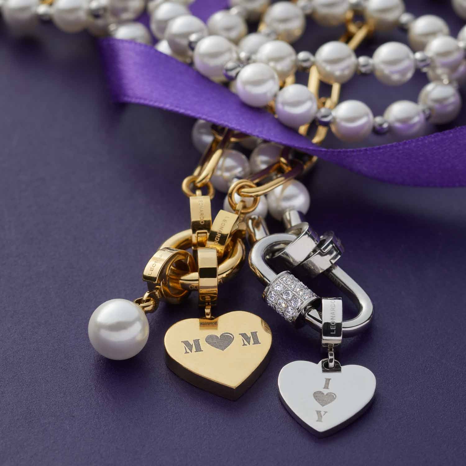 Anhänger COCO gold Clip & Mix mit Perlen und Herzcharms an lila Band