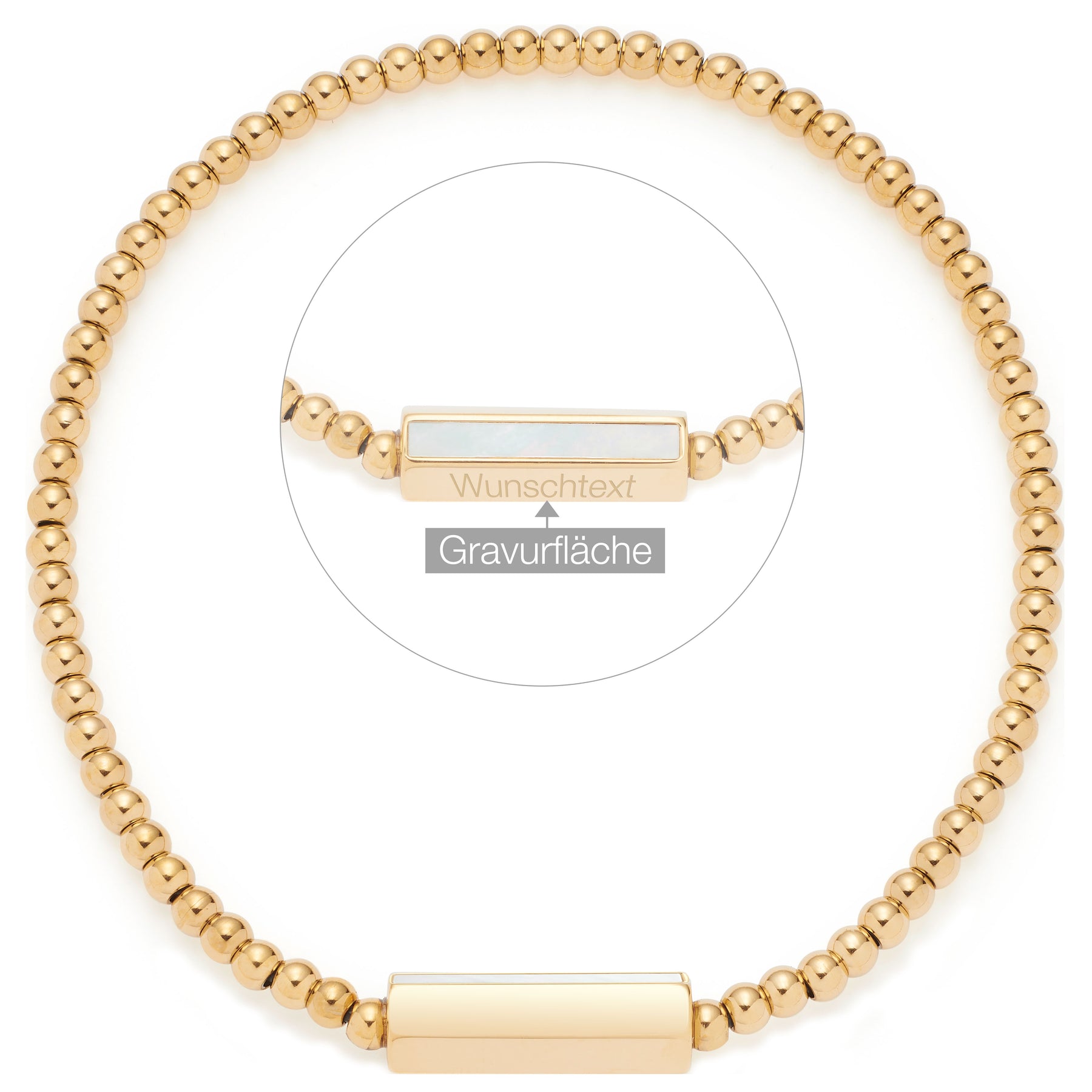 Armband PILEA gold mit Perlmutt-Plakette und Gravurfläche, Detailansicht